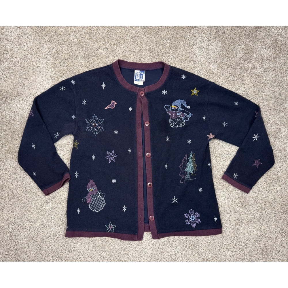 Art Unlimited Vintage Winter Snowman Embroidered Cardigan Sweater Navy Blue L